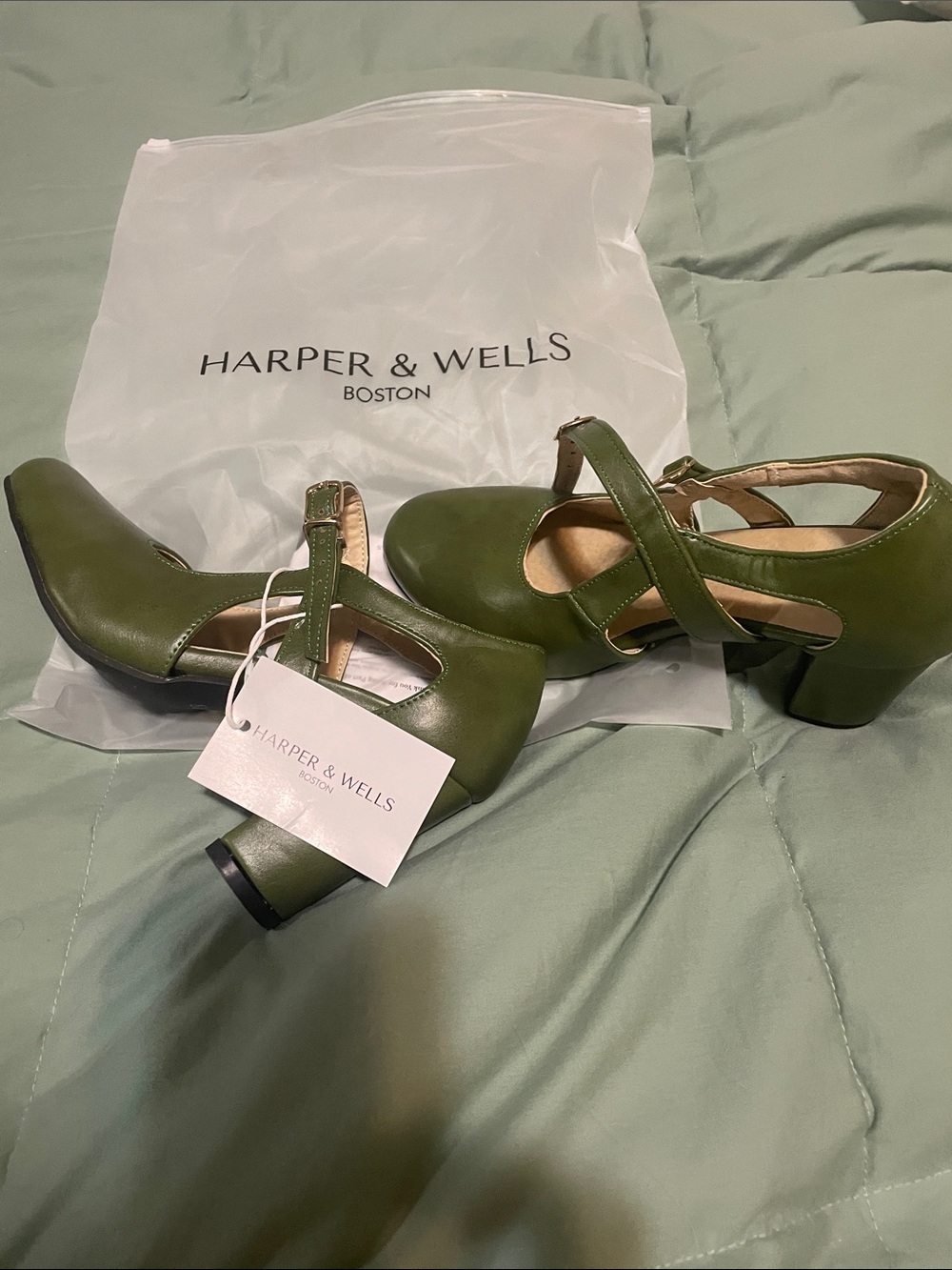 Olive Green T-Strap Block Heels